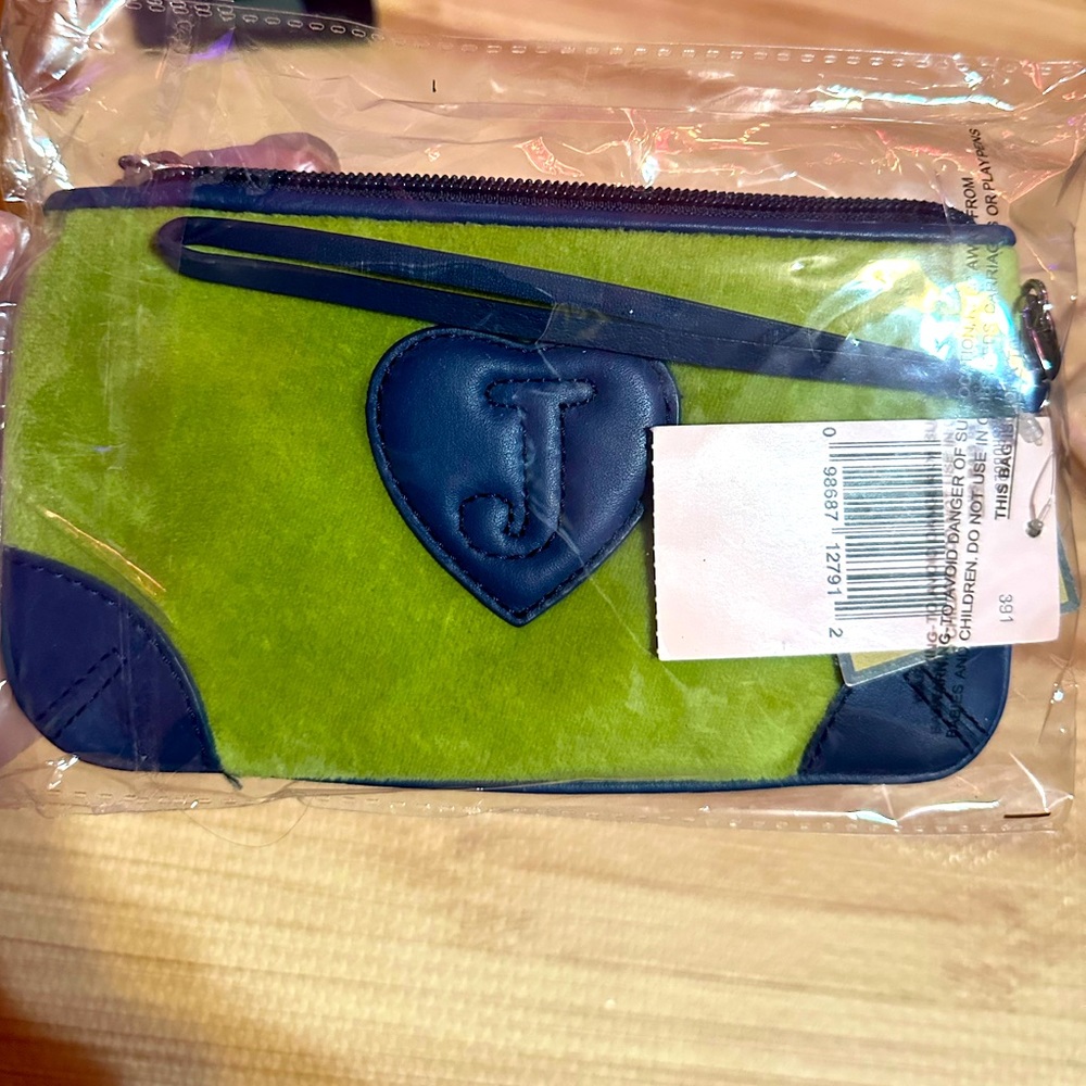 NWT Y2K I Love Juicy Couture green velour velvet clutch black leather trim